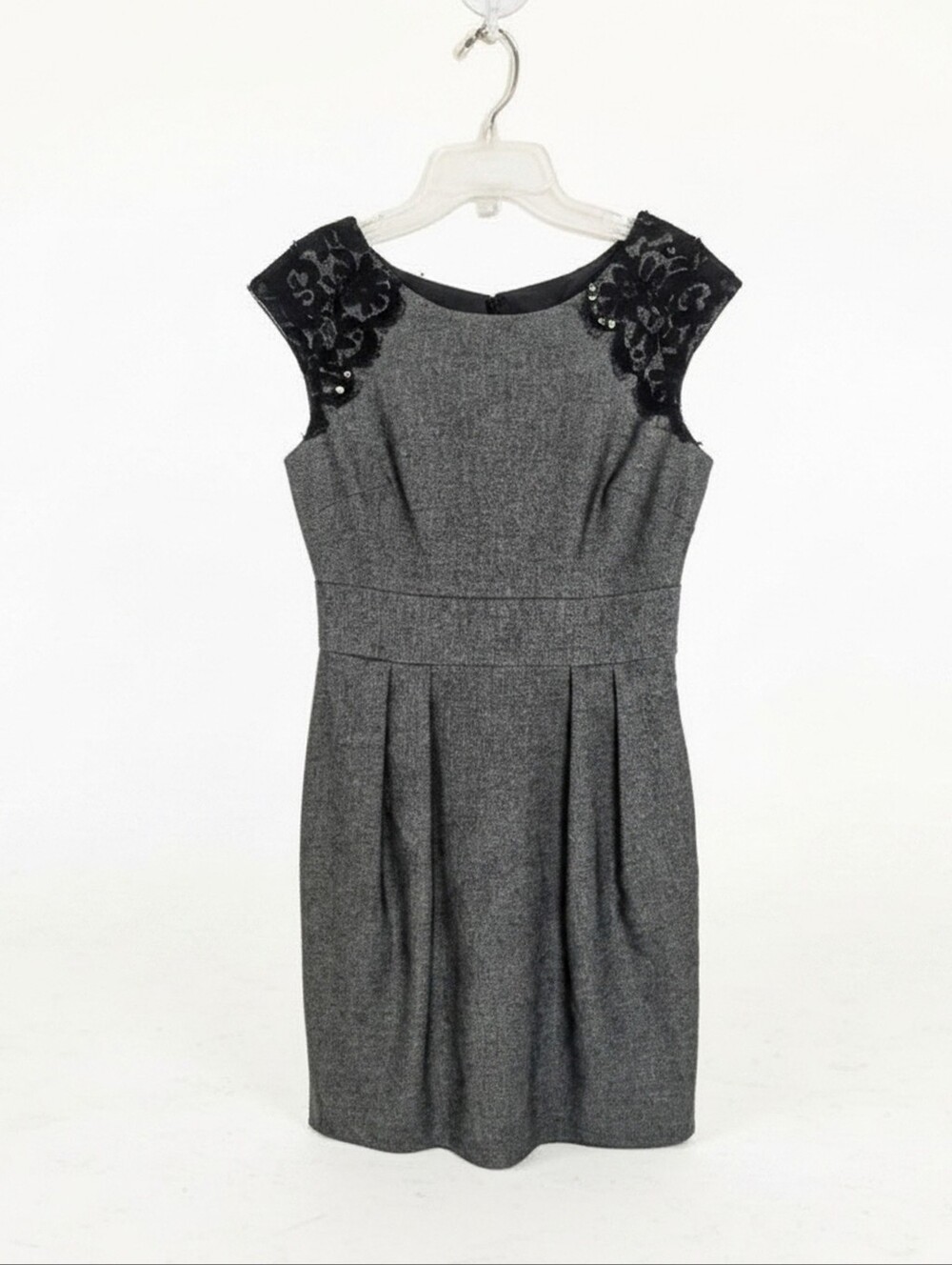 Eliza J Gray Midi Sheath Dress with Black Lace And Sparkle Cap Sleeves Womens M